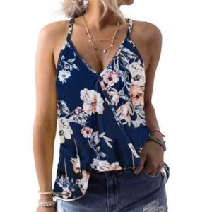 Blue Tropical Plant Print Tank Top NWT